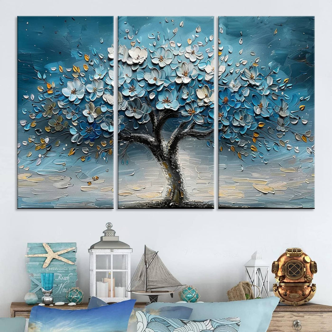 Abstract Blooming Tree Wall Art Print features blue, white, and gold textures on museum-quality canvas, perfect for modern decor.