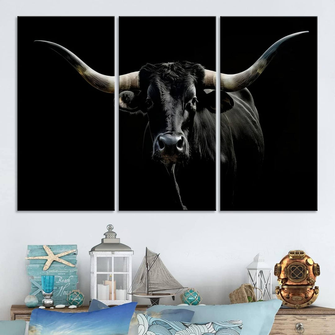 Texas Black Longhorn Bull Wall Art Canvas Print - Western Texas Cattle Rustic Decor Print - Longhorn Cow Wall Art