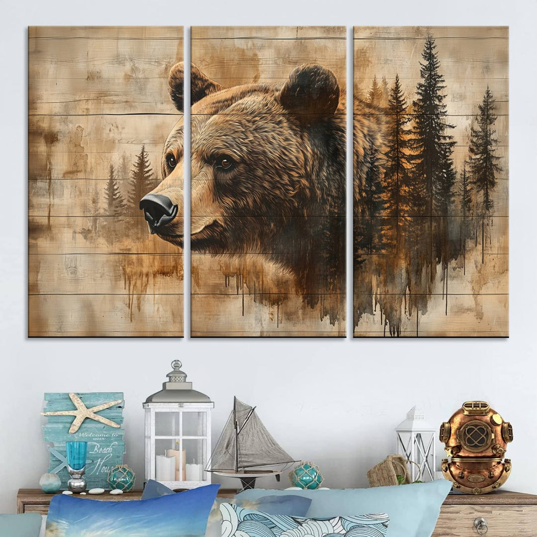 Abstract Rustic Grizzly Bear Wall Art Canvas Print - Woodland Wildlife Forest Print for Farmhouse Decor