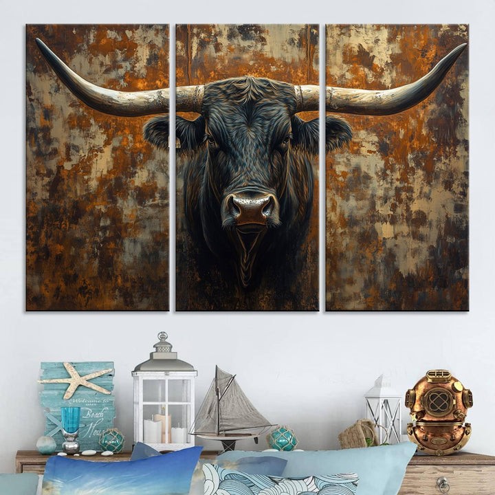 Abstract Longhorn Texas Bull Wall Art | Rustic Farmhouse Canvas Print | Ready to Hang Barn Decor for Farmhouse and Cabin Style