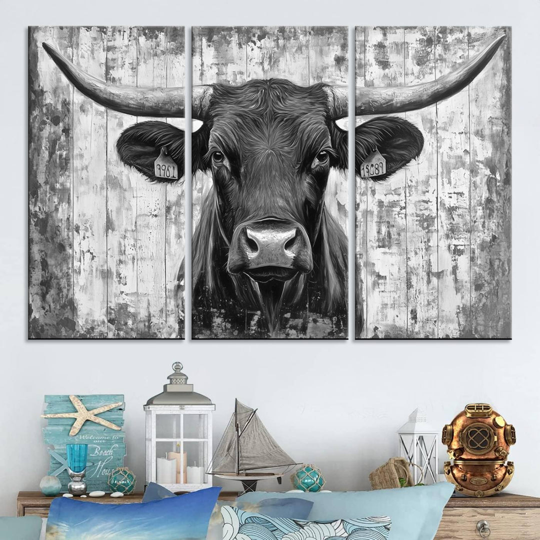 Abstract Longhorn Bull Wall Art Canvas Print - Rustic Texas Western Cow Artwork