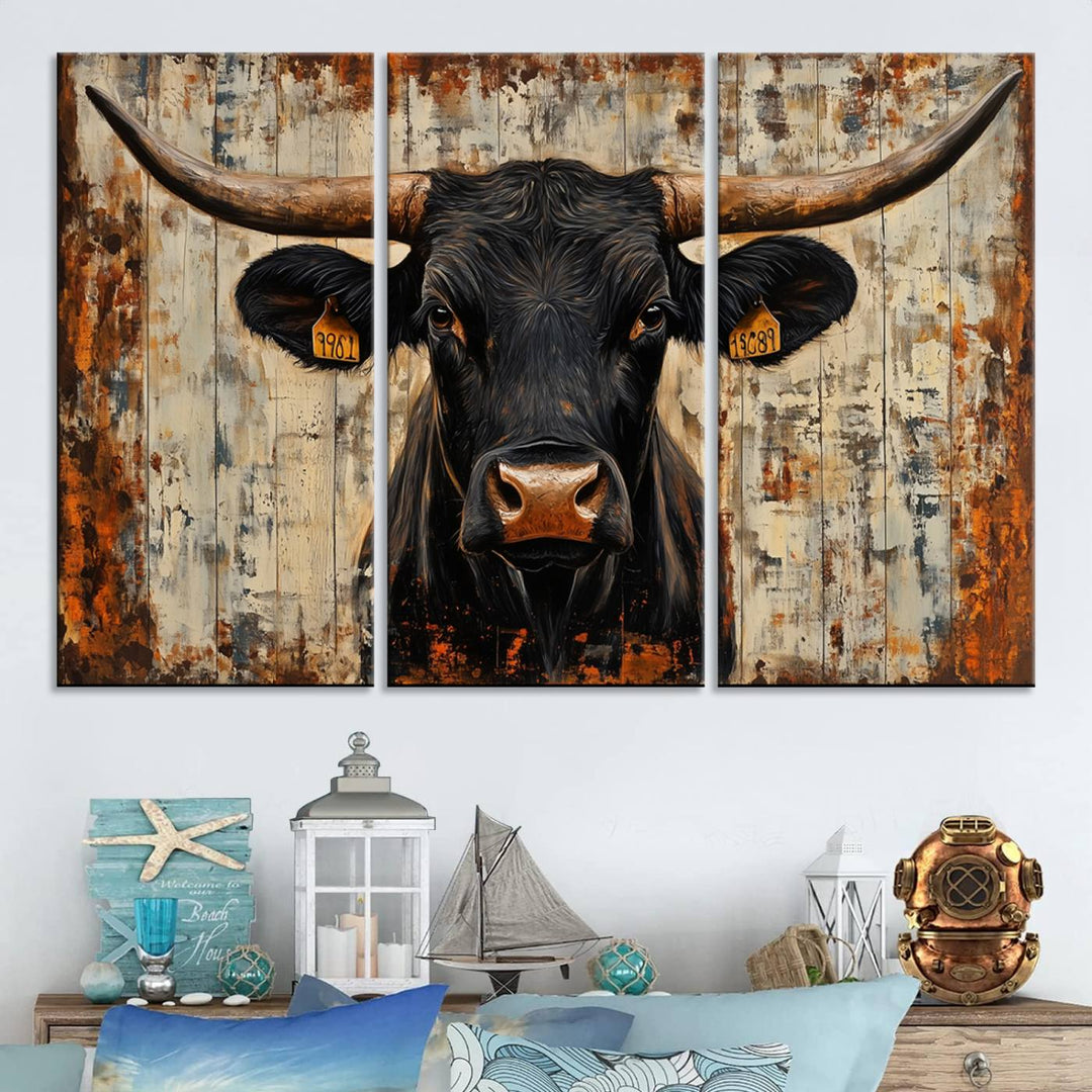 Abstract Cow Longhorn Bull Wall Art Canvas Print - Rustic Texas Western Cattle Artwork