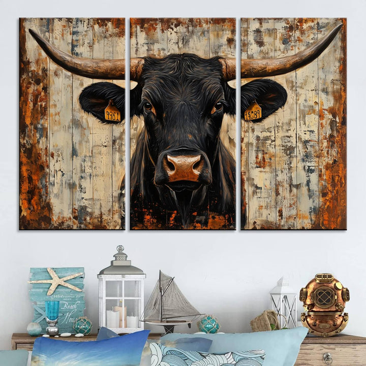 Abstract Cow Longhorn Bull Wall Art Canvas Print - Rustic Texas Western Cattle Artwork