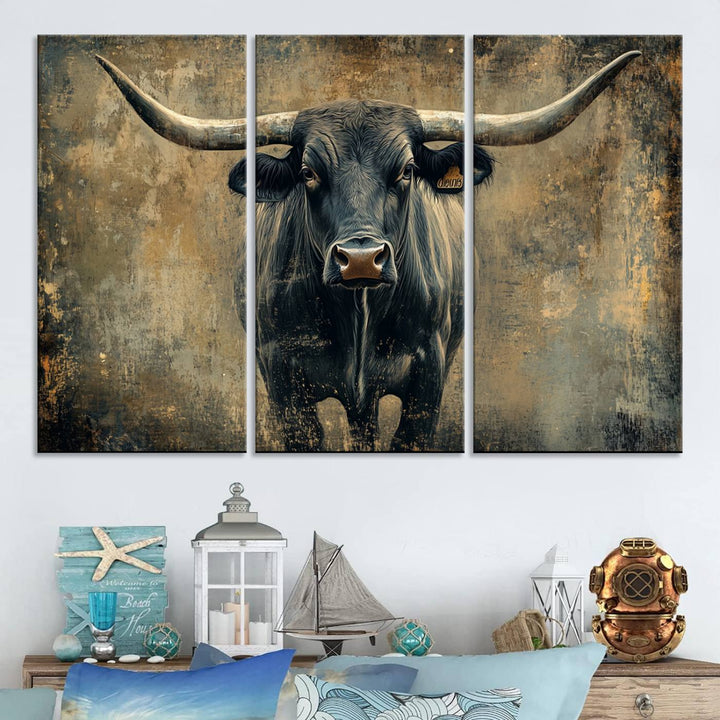 Abstract Cow Longhorn Bull Wall Art Canvas Print - Rustic Texas Western Cattle Artwork