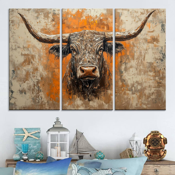 Abstract Cow Longhorn Bull Wall Art Canvas Print - Rustic Texas Western Cattle Artwork