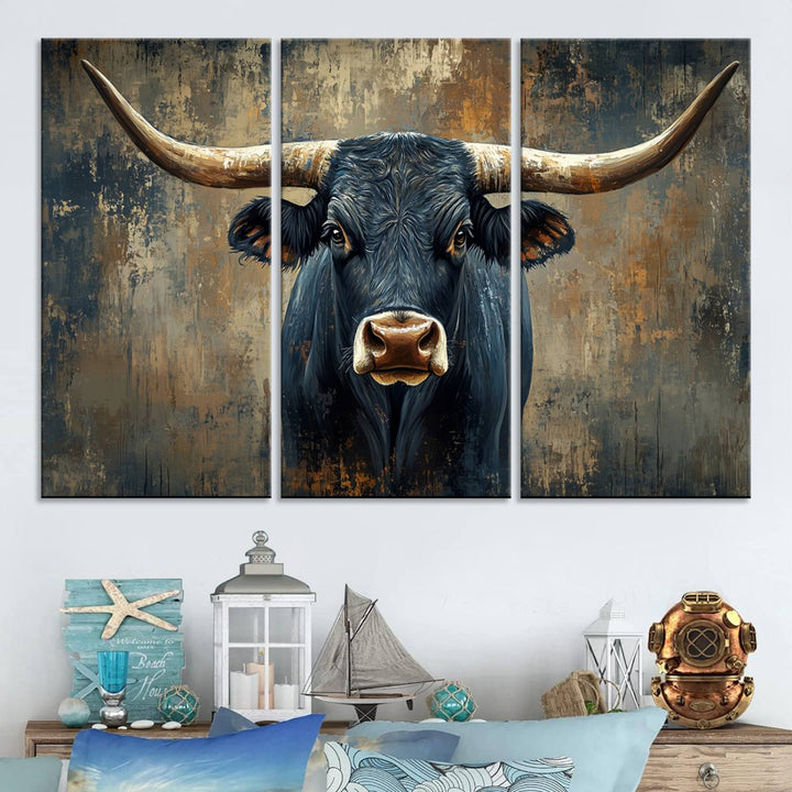 Abstract Cow Longhorn Bull Wall Art Canvas Print - Rustic Texas Western Cattle Artwork