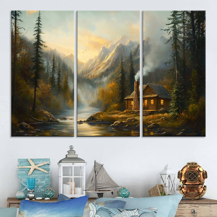 Wood Cabin Retreat Mountain at Sunset Wall Art Print - Serene Forest and River Landscape Wall Art Canvas Print