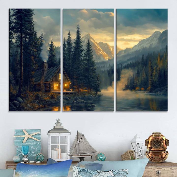 Mountain Cabin by the Lake at Sunset Wall Art - Serene Nature Canvas Print for Living Room Decor, Rustic Lodge Ambiance, 3-Panel Large Wall Art