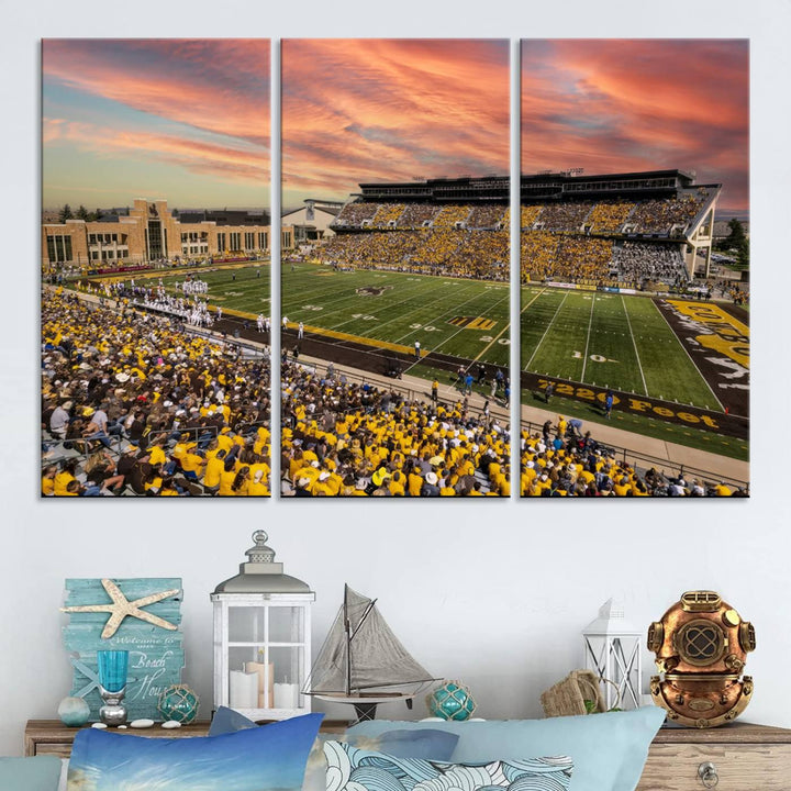 Capture the essence of a packed War Memorial Stadium at sunset with the Cowboys Football Canvas Print, highlighting fans cheering in yellow.