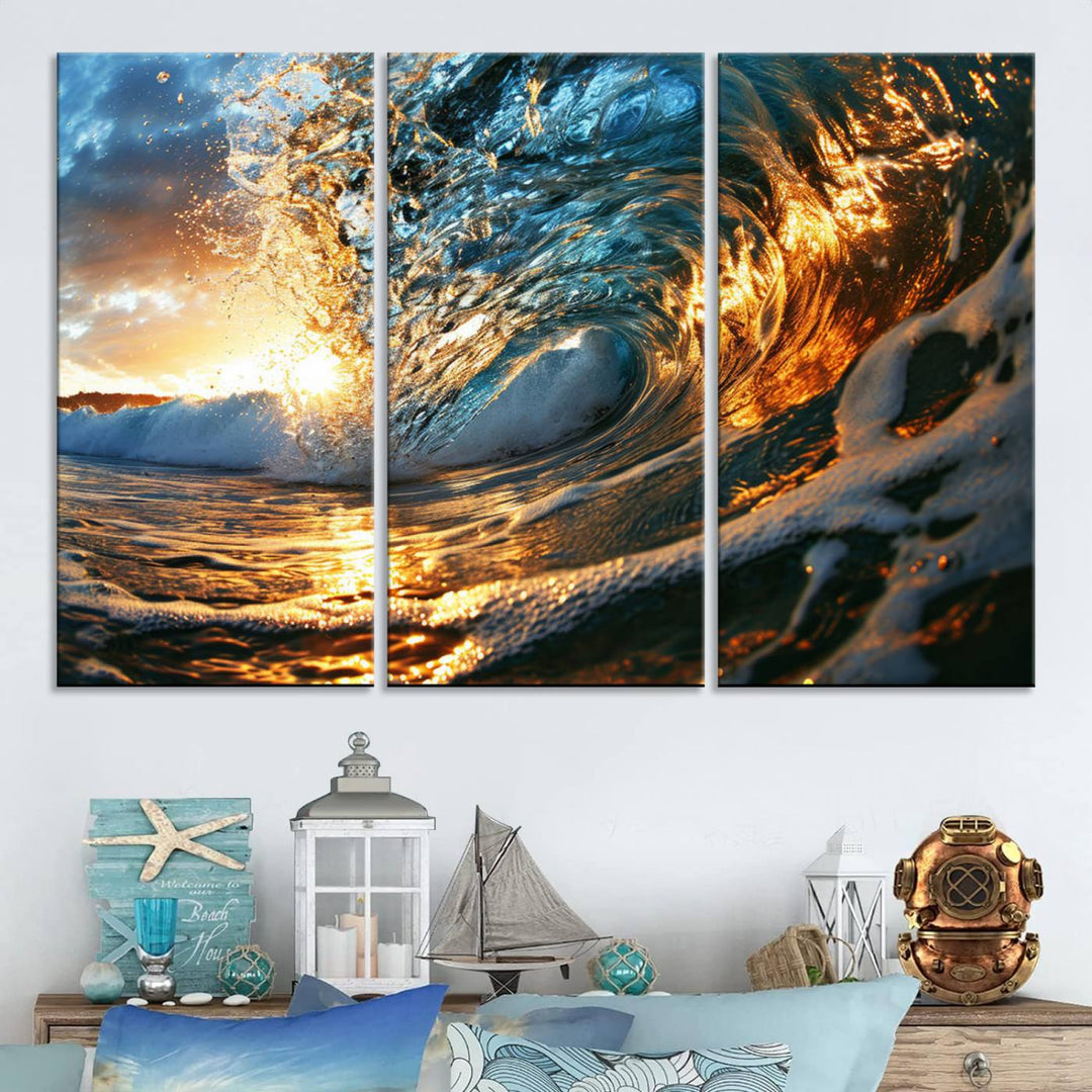 Ocean Wave at Sunset Wall Art | Ready to Hang Triptych Canvas Print | Coastal Wall Art for Living Room | Nautical and Beach House Decor