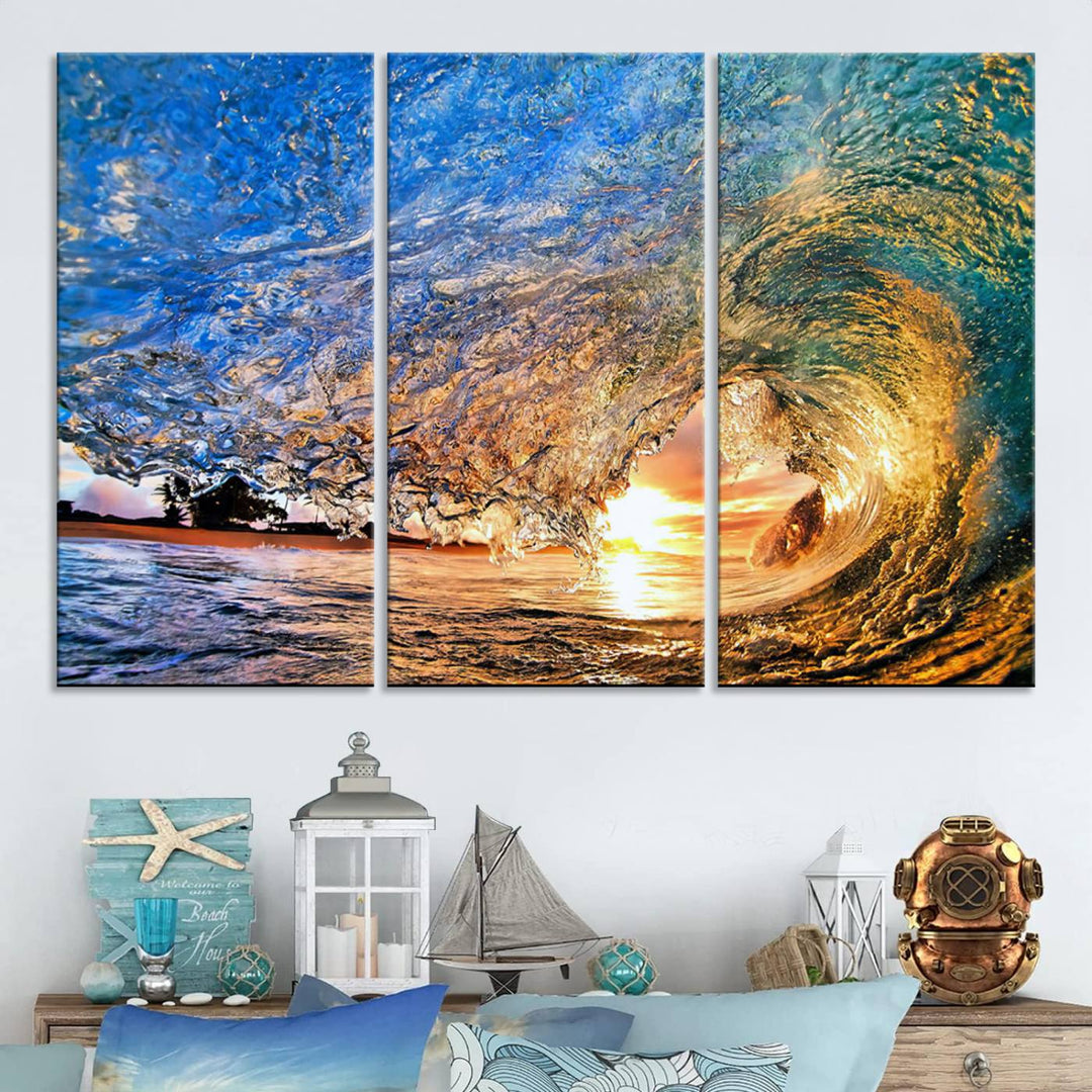 Ocean Wave at Sunset Canvas Print | Large Coastal Ocean Wall Art Print | Vibrant Beach Waves Art Print | Surf Lover Gift | Nautical Decor