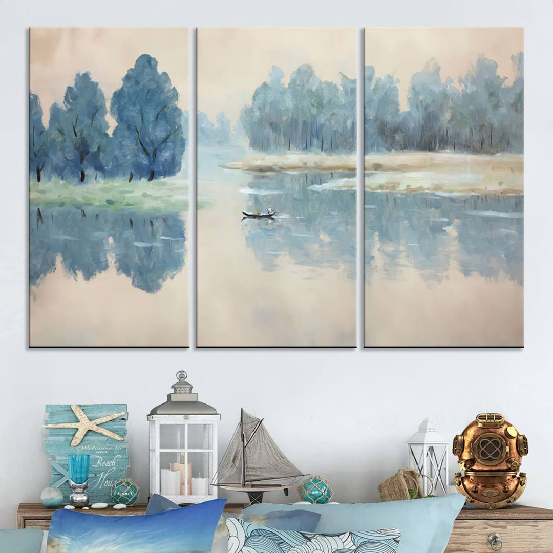 Landscape Printing Lake and Boat Scene | Serene Landscape Wall Art for Nature Lovers | Ready to Hang Triptych Canvas Print | Peaceful Blue Trees and Water Reflection Decor