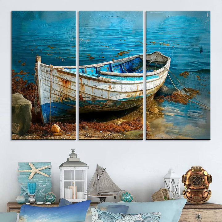 Vintage Boat on Tranquil Waters | Coastal Wall Art for Nautical Decor | Rustic Triptych Canvas Print | Beach House Art for Coastal Home Decor