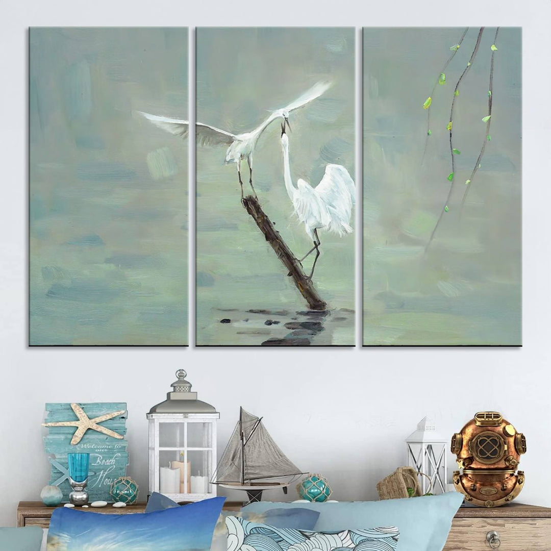 Elegant White Herons on Calm Waters | Coastal Wall Art for Nature-Inspired Decor | Serene Triptych Canvas Print | Ready to Hang Bird-Themed Art for Home Decor