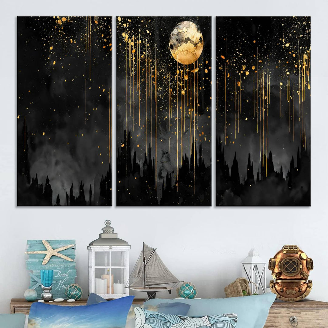 Gold Moon and Black Skyline Abstract Wall Art | Dark Modern Canvas Print with Dripping Gold Accents | Triptych Contemporary Homes