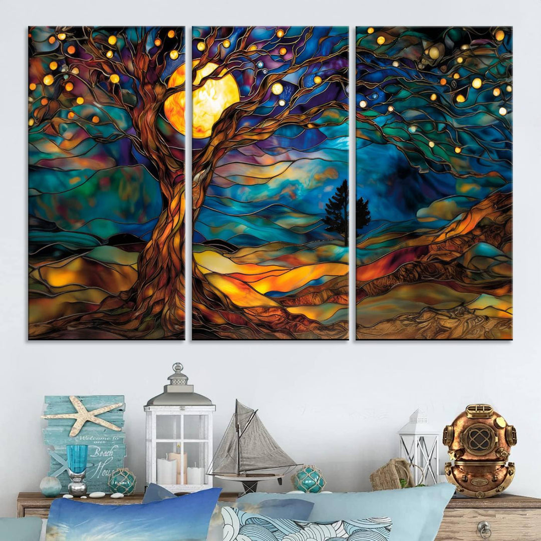 Yggdrasil Tree of Life Canvas Print - Vibrant Moonlit Tree Wall Art,  Tree of Life wall art, Nature-Inspired Stained Glass Effect