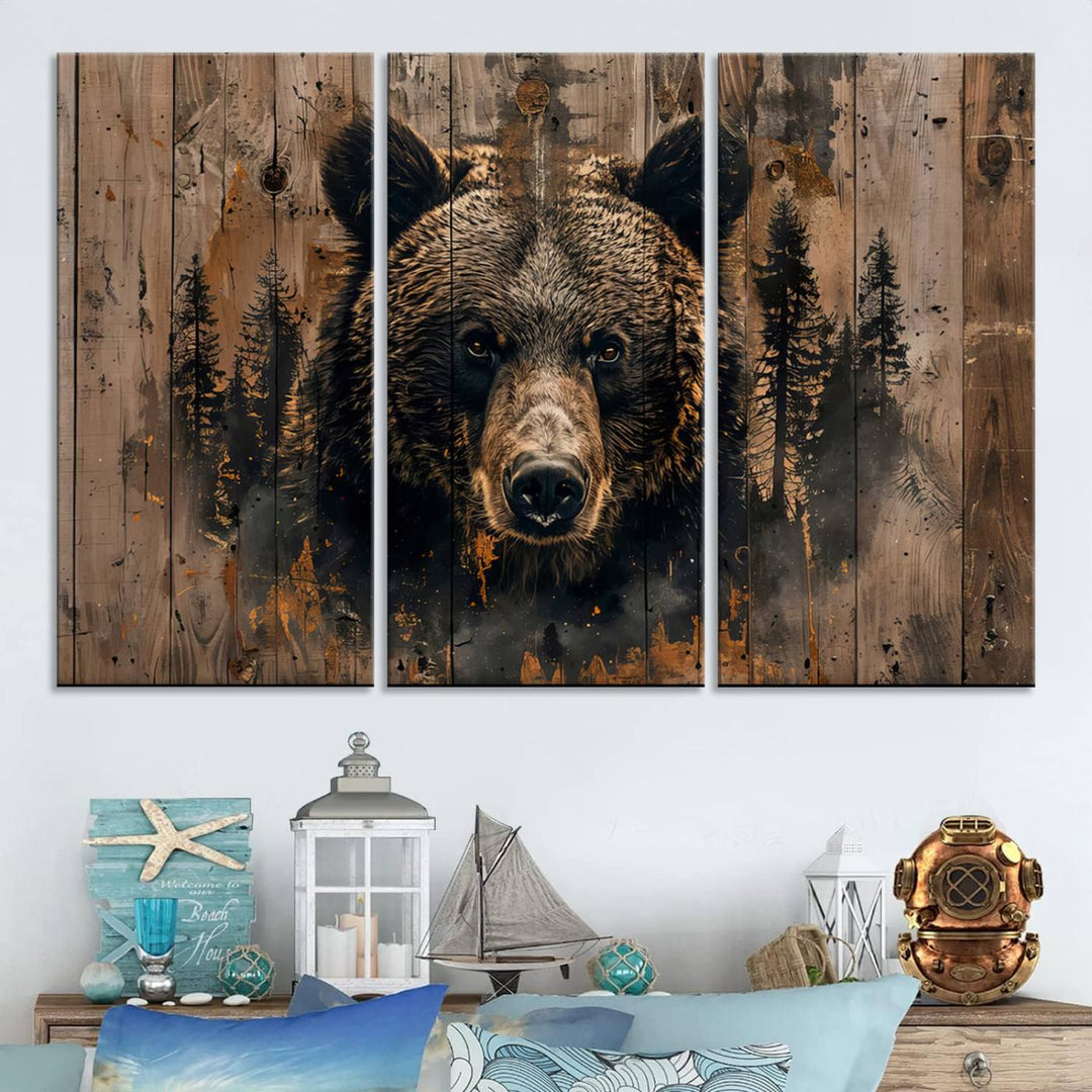 Rustic Bear Wall Art | Triptych Canvas Print | Rustic Cabin Wall Decor | Forest-Inspired Animal Art | Perfect for Farmhouse or Woodland Print