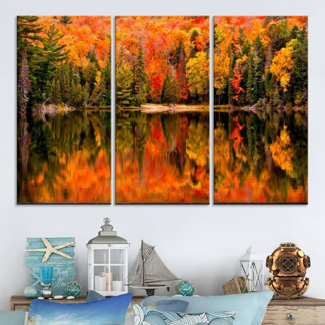 Autumn Forest Reflection Wall Art | Triptych Canvas Print | Vibrant Fall Foliage Wall Decor | Nature-Inspired Cabin Wall Art for Living Room