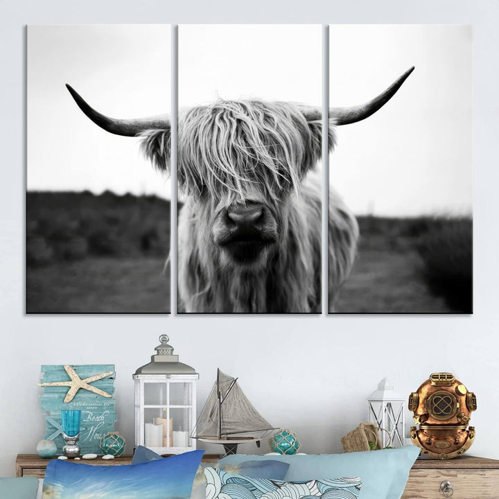 Highland Cow Wall Art | Black and White Farmhouse Decor | Ready to Hang Triptych Canvas Print | Rustic Barn Decor | Scottish Highland Cattle Art Print