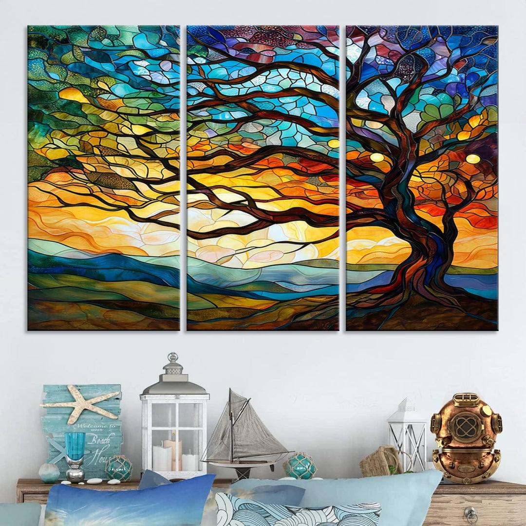 Vibrant Mosaic Tree of Life Wall Art | Stained Glass Style Canvas Print | Ready to Hang Artistic Decor