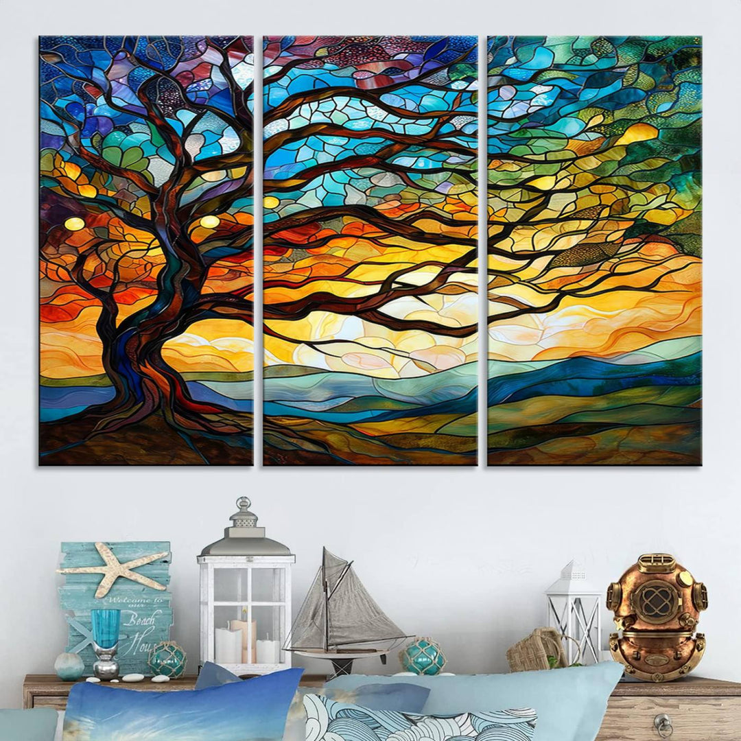 Mosaic Tree Wall Art | Ready to Hang Stained Glass Style Canvas Print | Farmhouse Wall Decor, Cabin Wall Art, and Unique Nature Home Decor