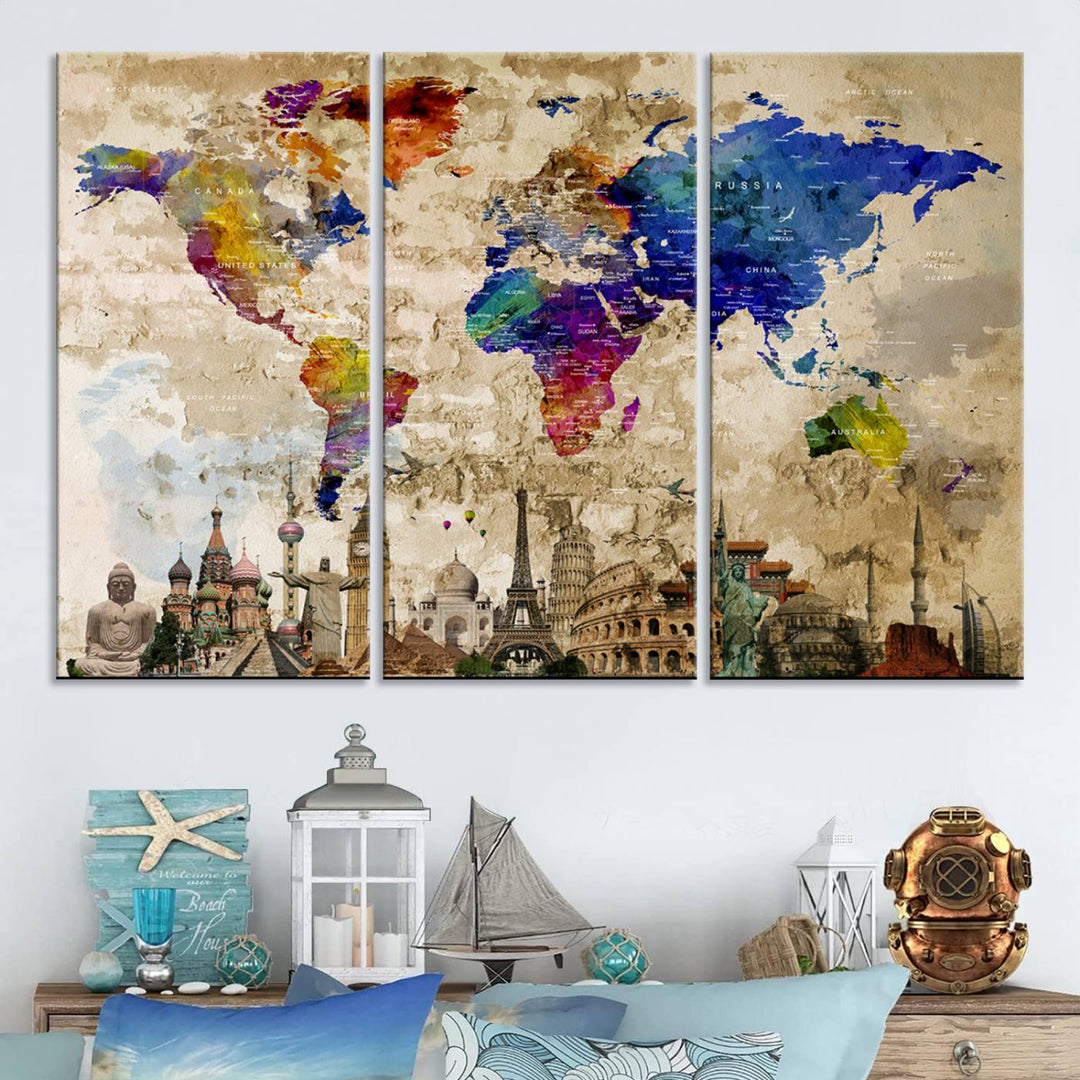 Artistic world map featuring landmarks like the Eiffel Tower, printed on premium wall art for office or living space.