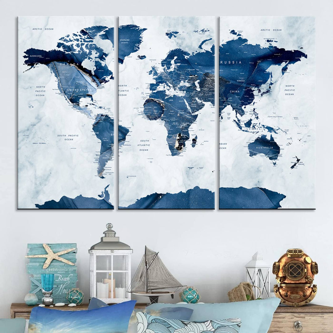 Navy Blue World Map with Antarctica Canvas: A perfect abstract home decor piece featuring a grunge-stained background.