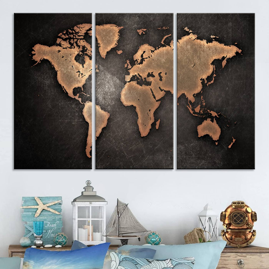 Maroon World Map Wall Art: Copper continents on a grunge-stained canvas, ideal for enhancing your decor.