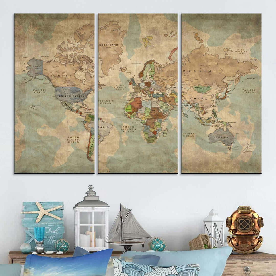 Vintage World Map Canvas Wall Art – Antique Triptych Map Print – Rustic Global Decor for Living Room or Office – Ready to Hang