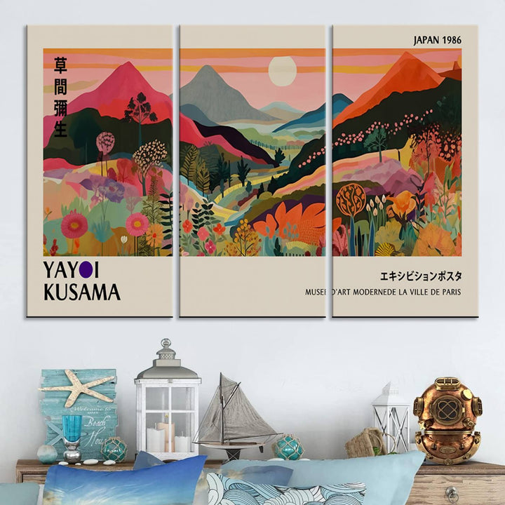 A vibrant abstract landscape by Yayoi Kusama adorns a Wabi Sabi ready-to-hang canvas print, featuring mountains and flowers.