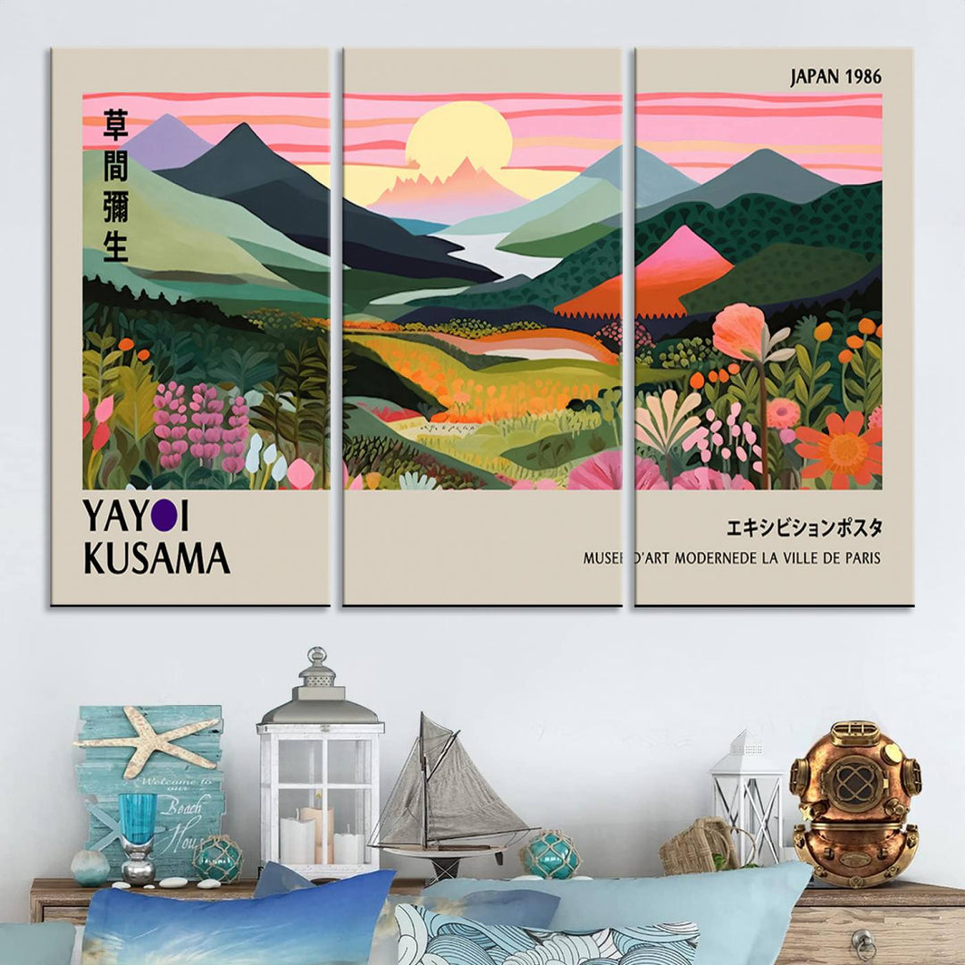 Vibrant abstract landscape canvas with mountains and fields, titled Yayoi Kusama 1986 Wall Art Print.