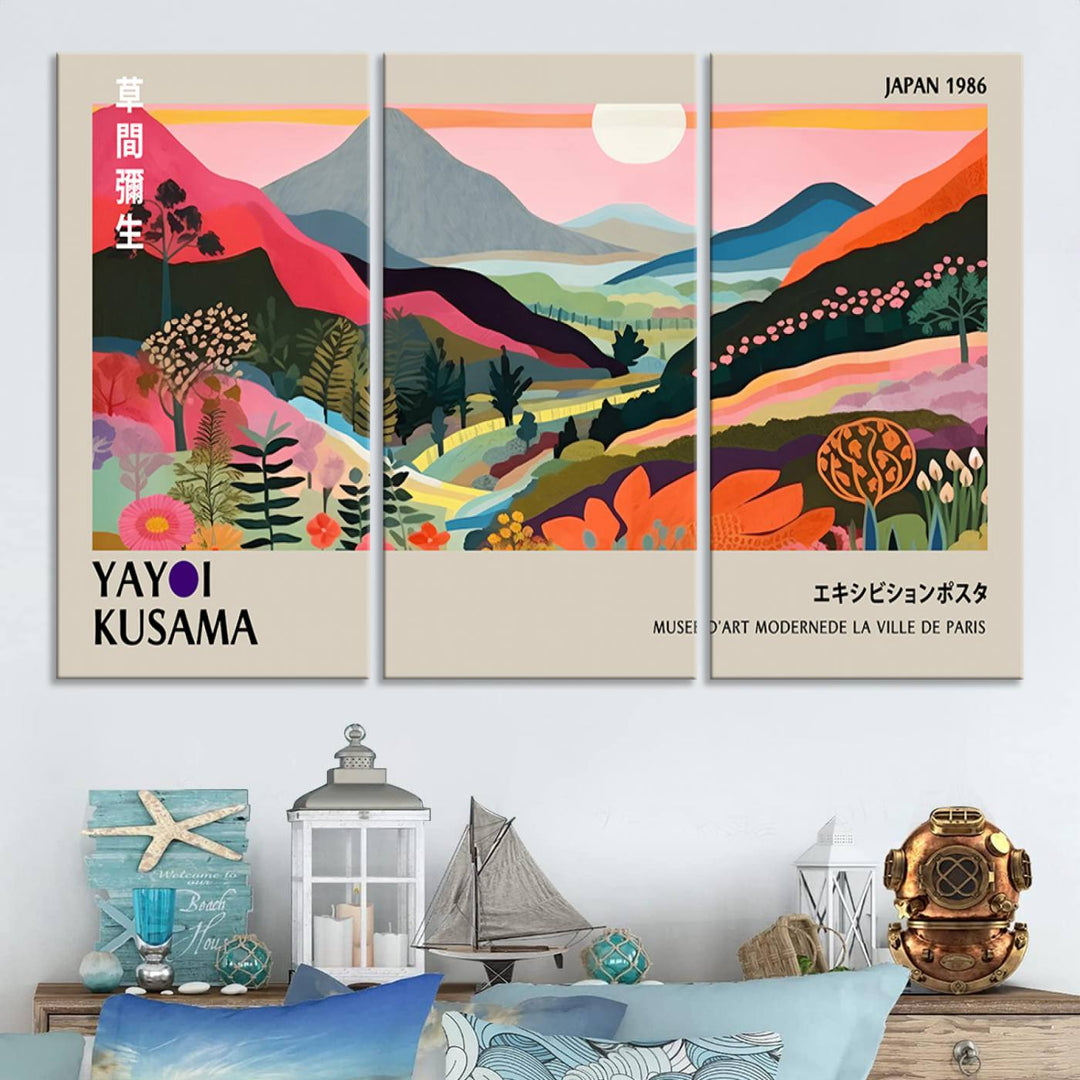 Vibrant abstract landscape canvas inspired by Yayoi Kusama, featuring mountains, trees, and flowers in a triptych style.