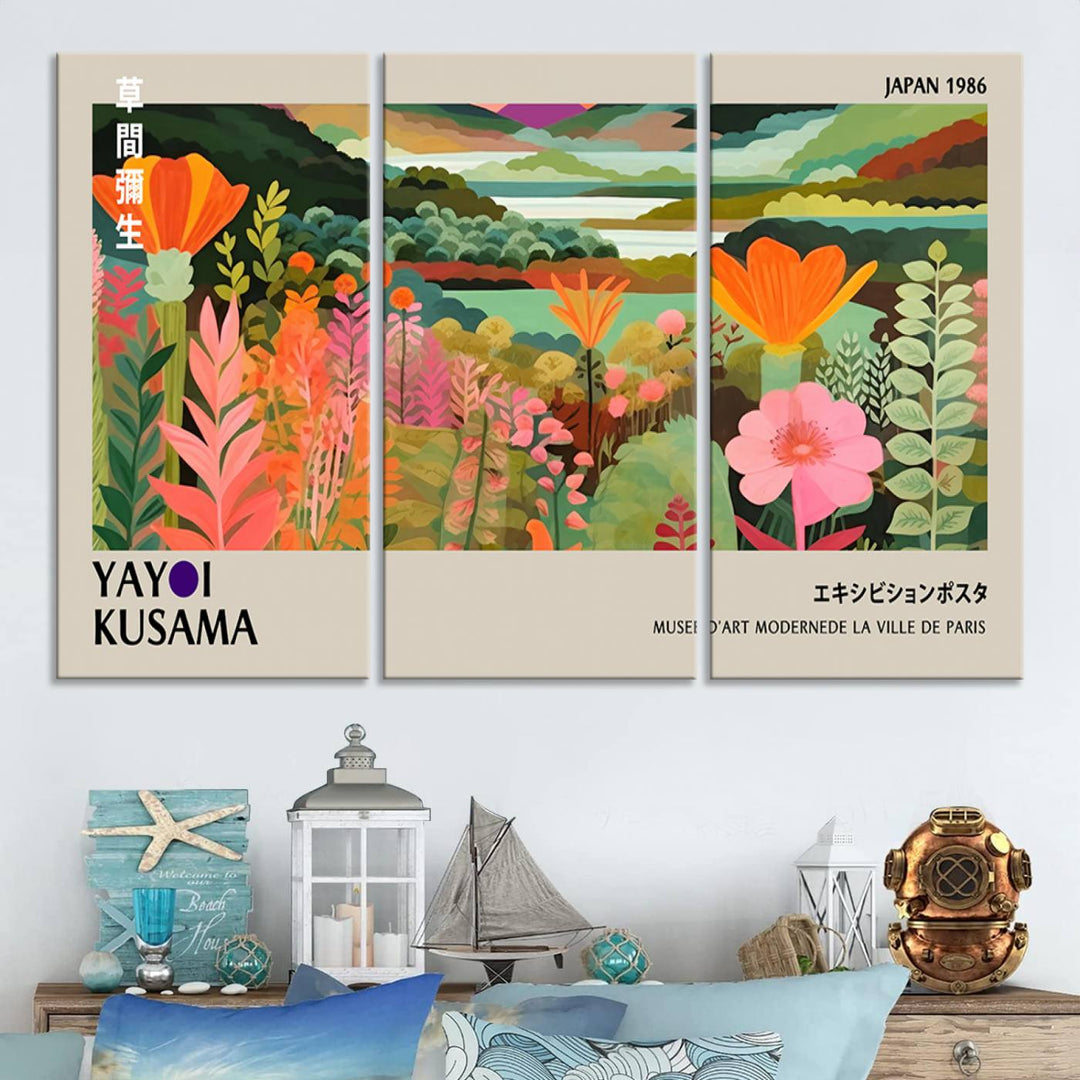 A vibrant 1986 Yayoi Kusama abstract landscape featuring flowers and hills on a canvas wall art print, ready-to-hang.