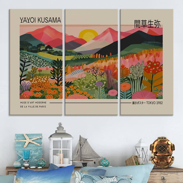 A vibrant abstract triptych features mountains, a sun, and plants in Yayoi Kusamas style with Japanese and French text included.