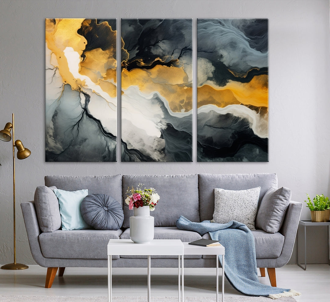 The Smoke Gray Green Golden Abstract Contemporary Art Canvas beautifully enhances a modern living room. Created on museum-quality canvas, this ready-to-hang artwork guarantees longevity and sophistication, perfectly aligning with the contemporary aesthetic.