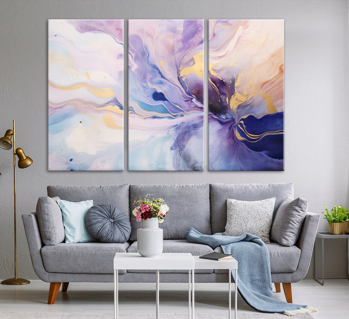 In the modern living room, a captivating Purple Color Abstract Wall Art Print graces the walls, mounted on museum-quality canvas, infusing the space with an artistic flair.