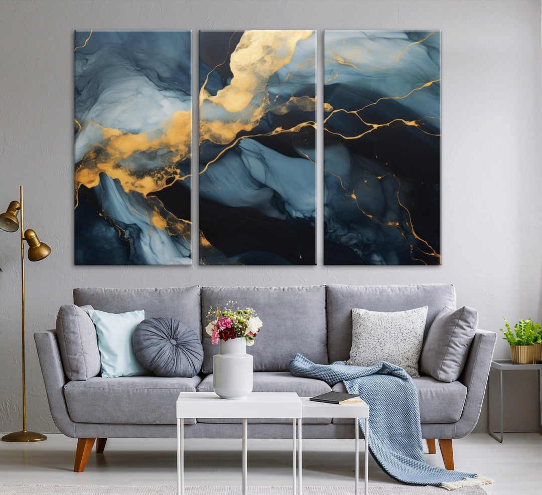 Contemporary artwork print featuring abstract blue and gold swirls on gallery wrapped, museum-quality canvas.