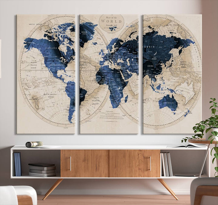 The Vintage Triptych Map Print is a grunge-stained blue and beige world map, perfect for enhancing wall decor.