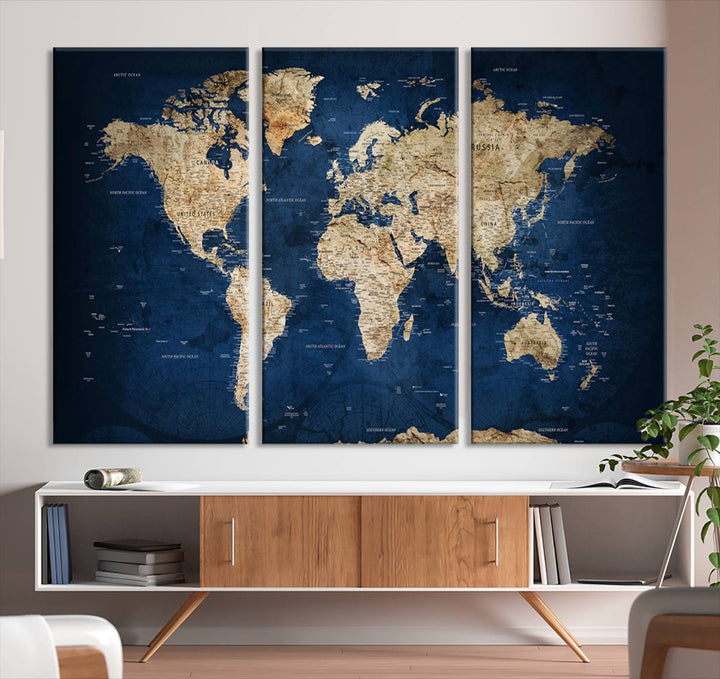 Classic Vintage Blue World Map Canvas Print featuring beige continents against a deep blue background.