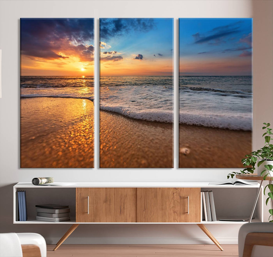 The Golden Sunset Beach Waves Triptych adds a modern coastal touch with its stunning seascape.