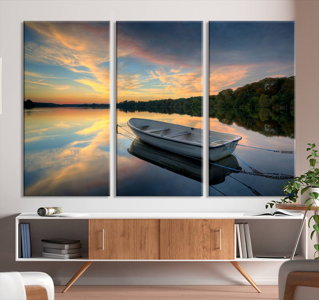 Serene Rowboat on Calm Lake Triptych Canvas Art, Giclee Wall Art of Peaceful Sunset Reflections, Tranquil Landscape Wall Art for Home or Office