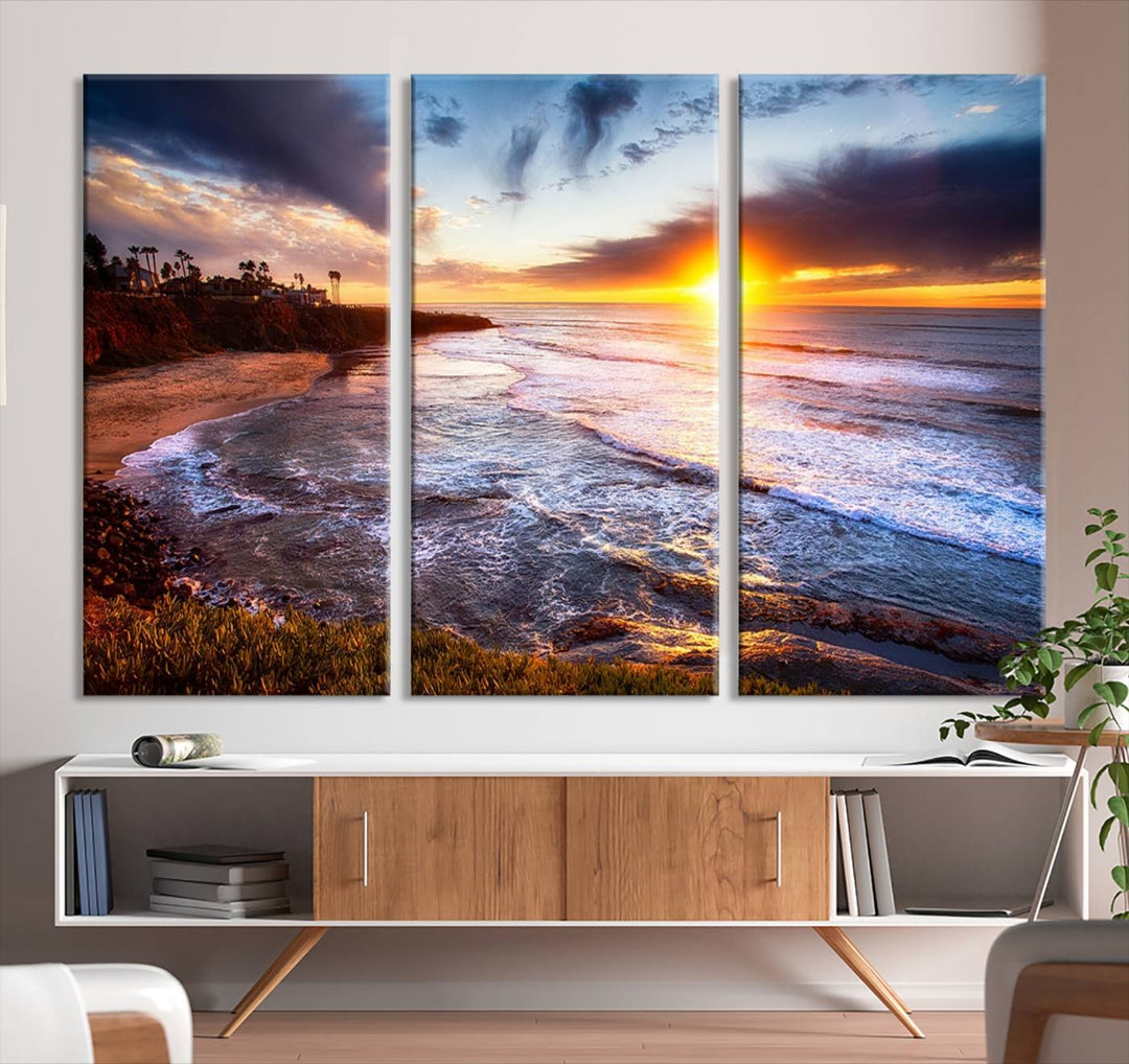 California Coastline Sunset Canvas Art, Ocean Waves Crashing on Cliffs, Giclee Canvas Print for Beach House Decor