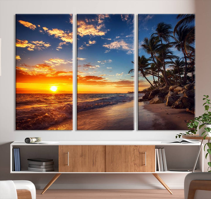 Tropical Beach Sunset Canvas Art, Palm Trees and Ocean Waves Wall Art, Giclee Print for Coastal Home Decor