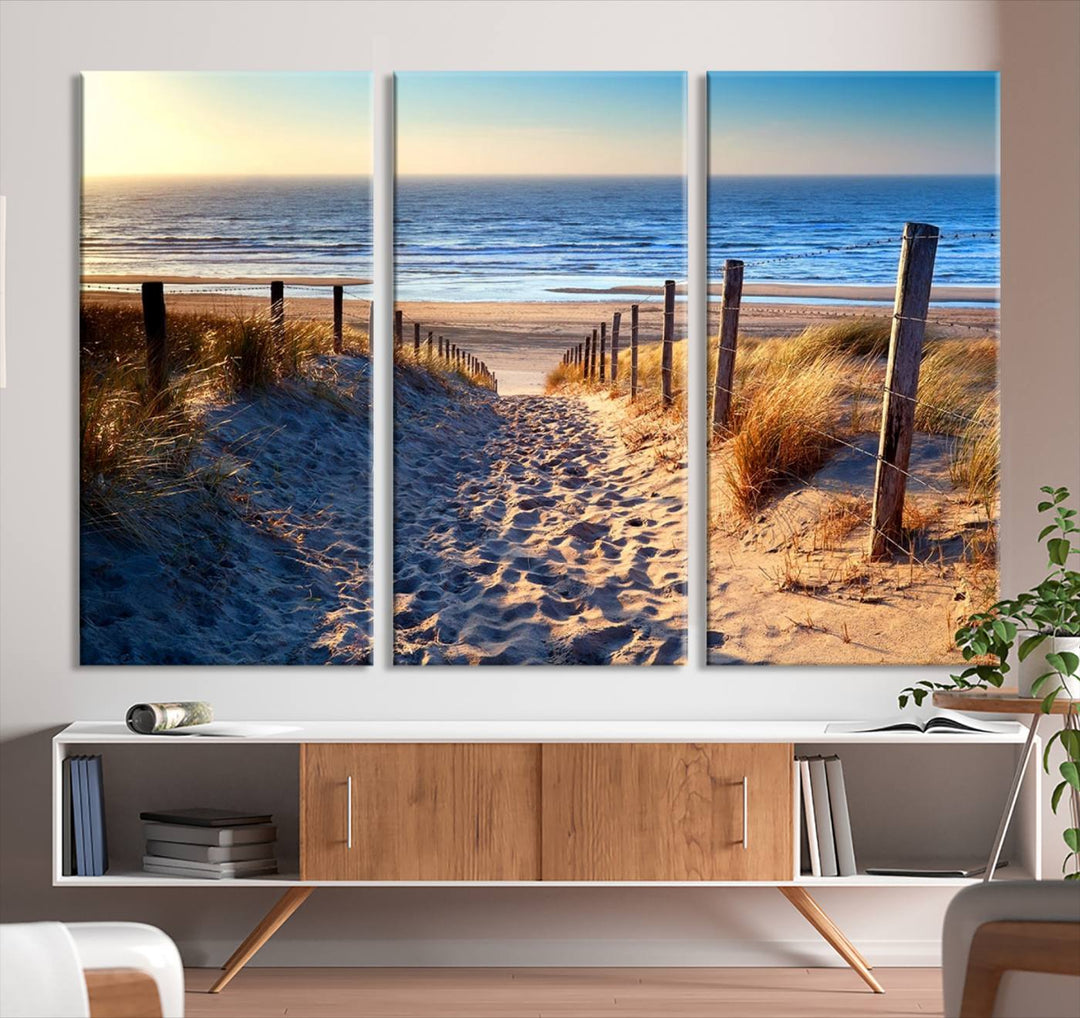 Tropical Beach Sunset Canvas Art, Ocean Waves and Sandy Shoreline Wall Art, Large Beach Decor for Coastal Homes