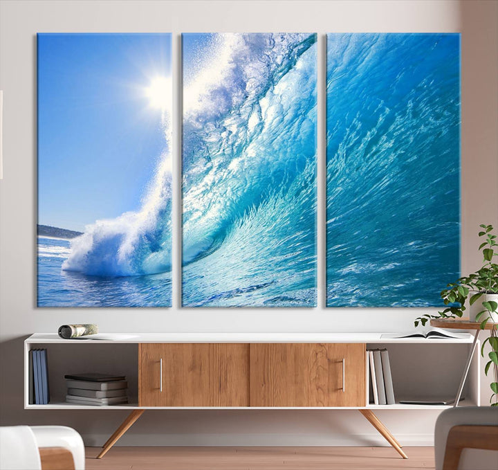 Blue Big Wave Surfing Ocean Canvas Wall Art Artwork Print , Surf Wall Art, Sea Wall Art