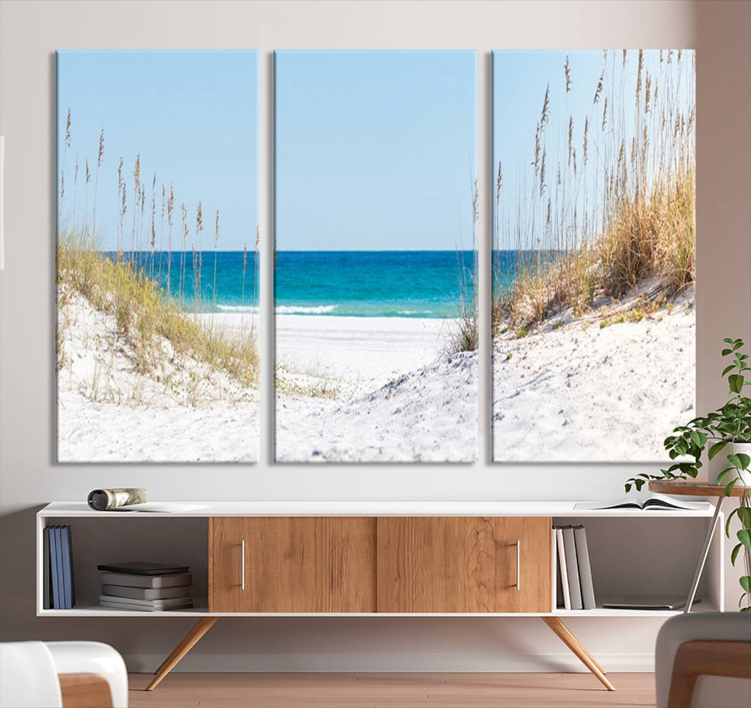 Serene Coastal Dune Path with Ocean View, 3-Panel Beach Canvas Art; tranquil seascape for coastal decor.