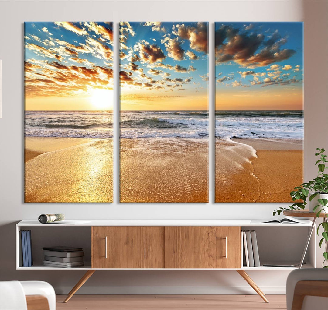 A Golden Sunset Beach giclee triptych canvas hangs prominently.