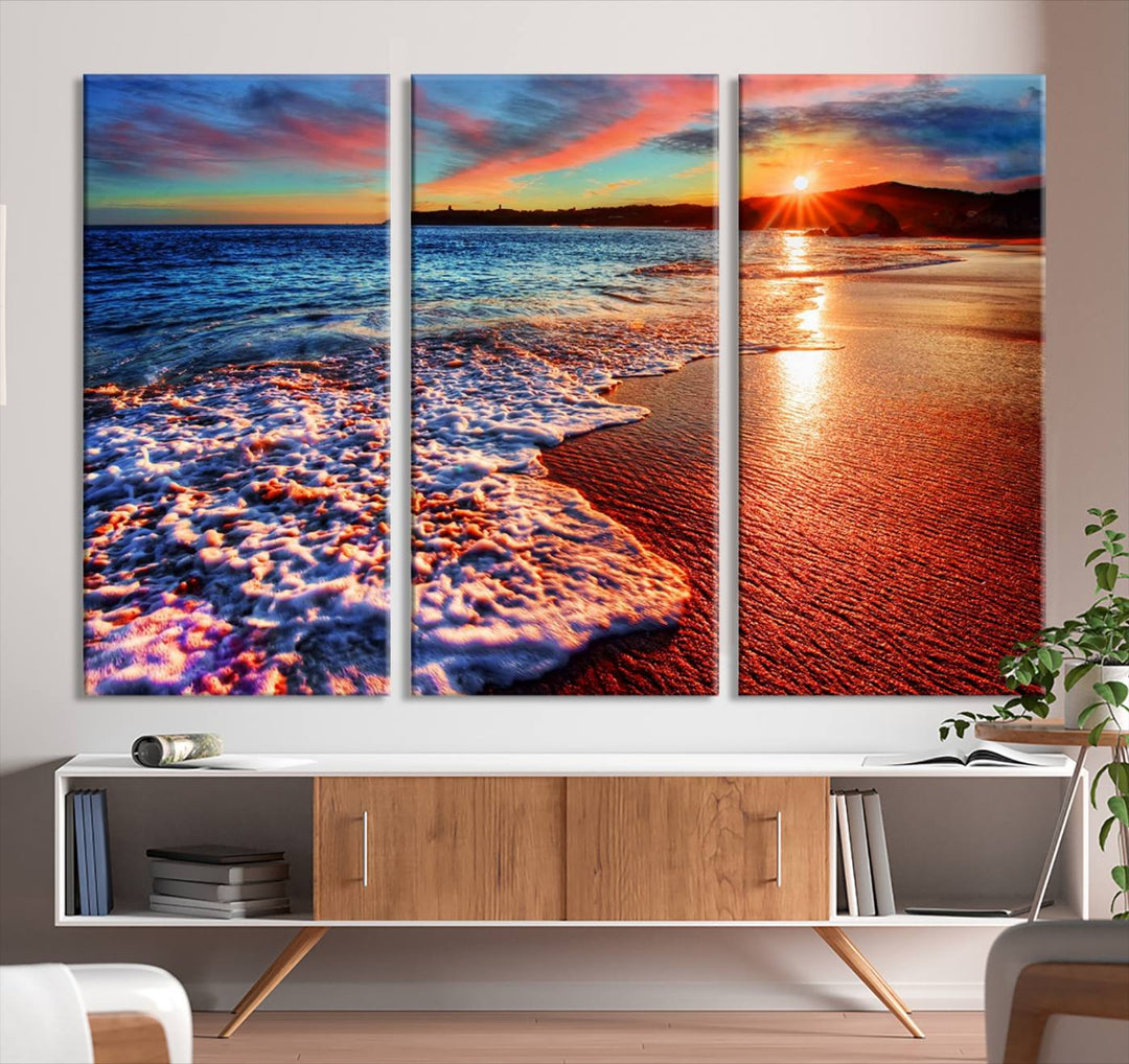 The Colorful Coastal Sunset on the Beach canvas print portrays ocean waves at dusk.