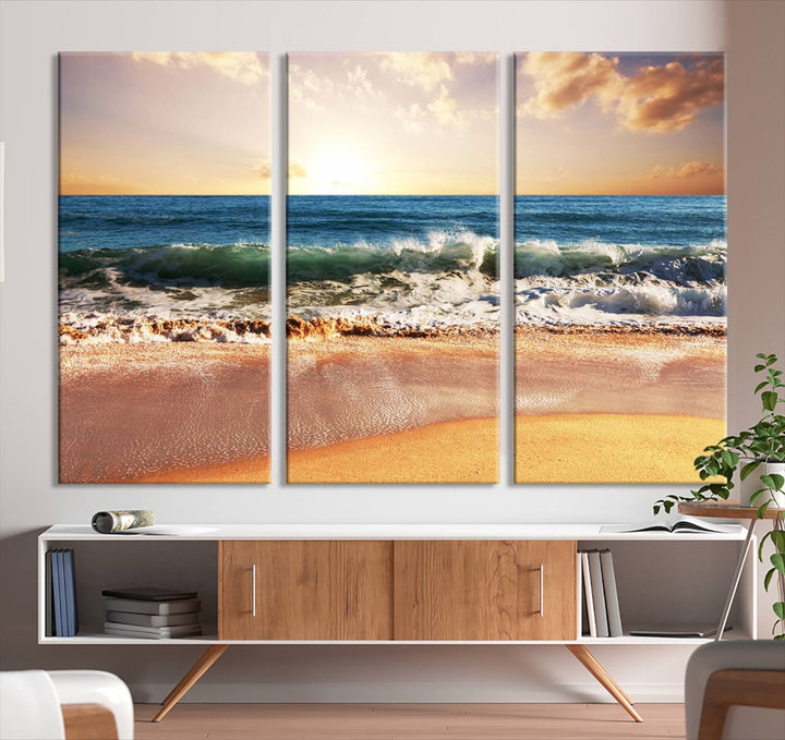 The wall features a Canon-quality Serene Beach Path canvas giclee print, depicting coastal dunes.