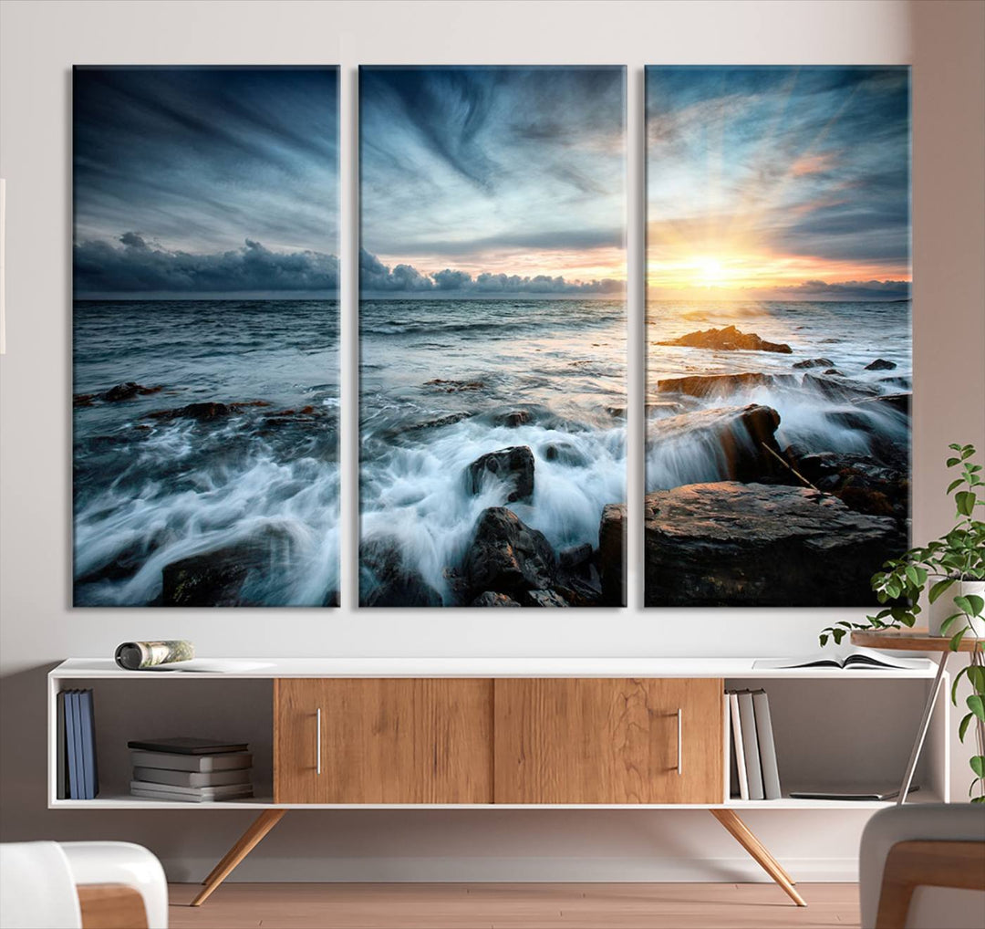 Dynamic Ocean Waves Triptych Canvas Art, Giclee Canvas Print Featuring a Dramatic Ocean Sunrise, Canon Print Quality with Gallery Wrap